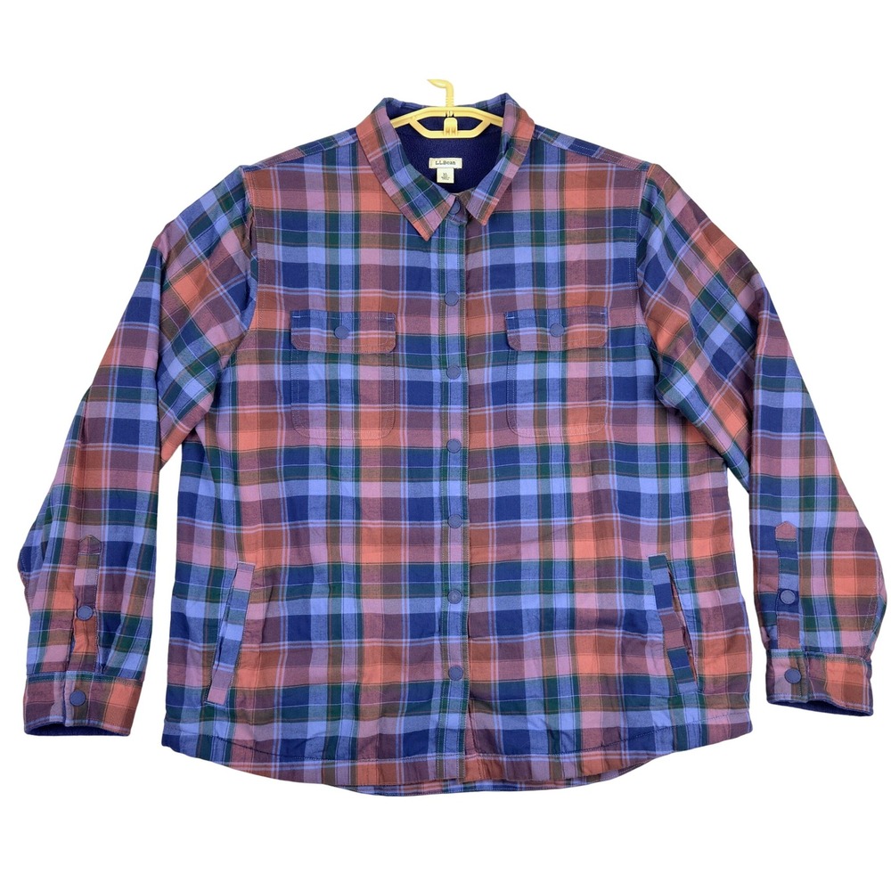 LLBean Womens Plaid Fleece Lined Flannel Shirt Jacket XL Red Blue Green